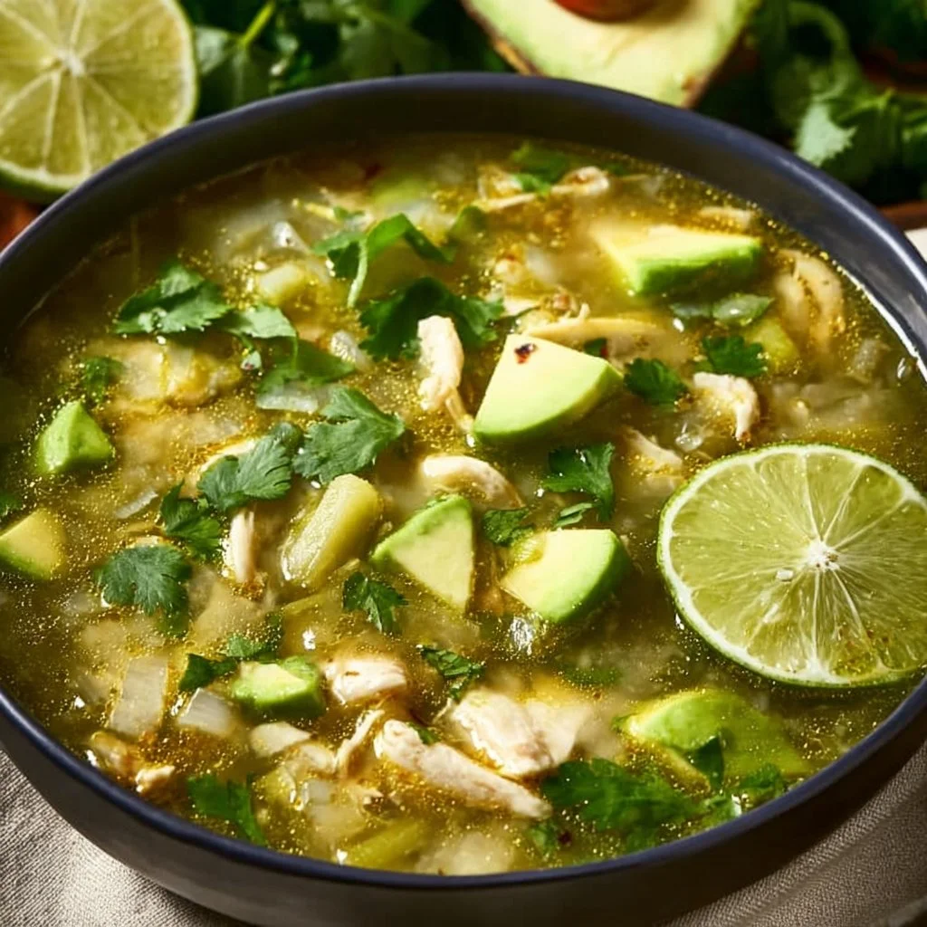 Delicious bowl of Green Chili Chicken Soup garnished with fresh herbs
