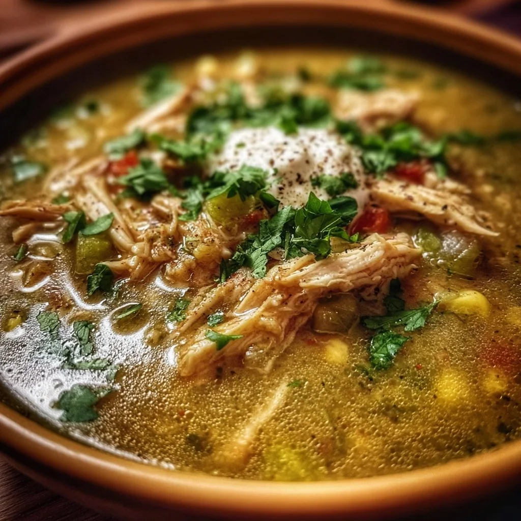 Bowl of green enchilada chicken soup with toppings