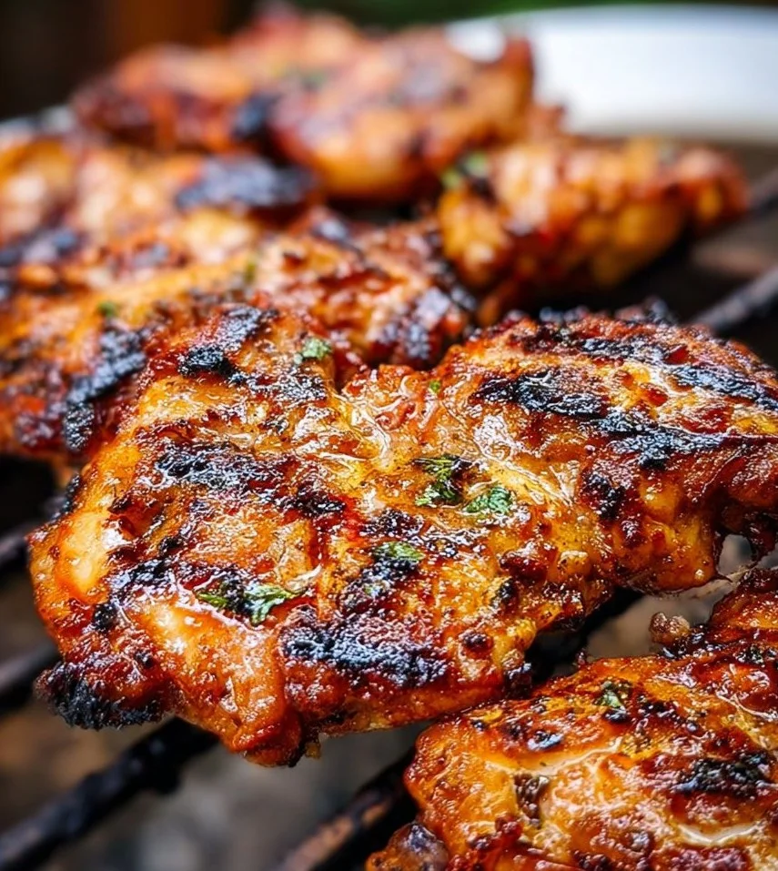 Grilled boneless chicken thighs on a platter garnished with herbs