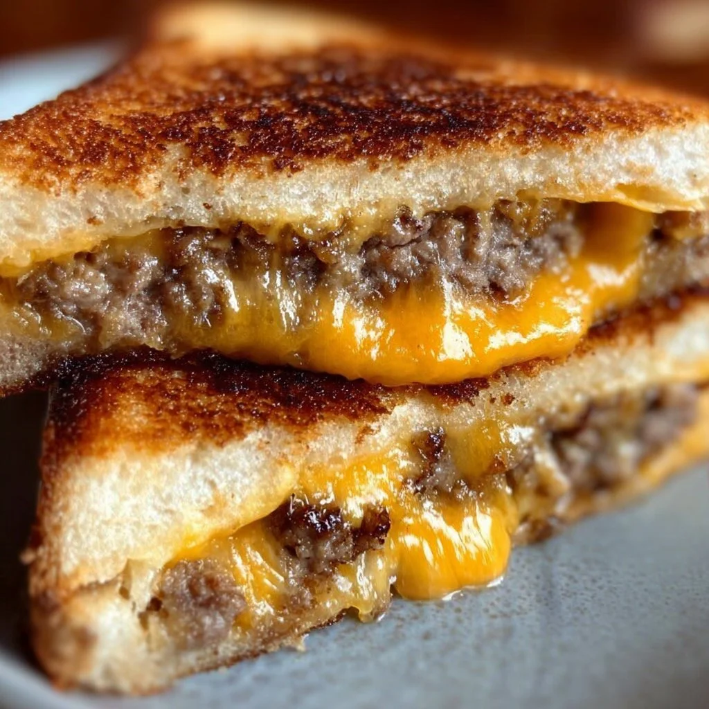 Grilled cheese patty melt sandwich with caramelized onions and melted cheese
