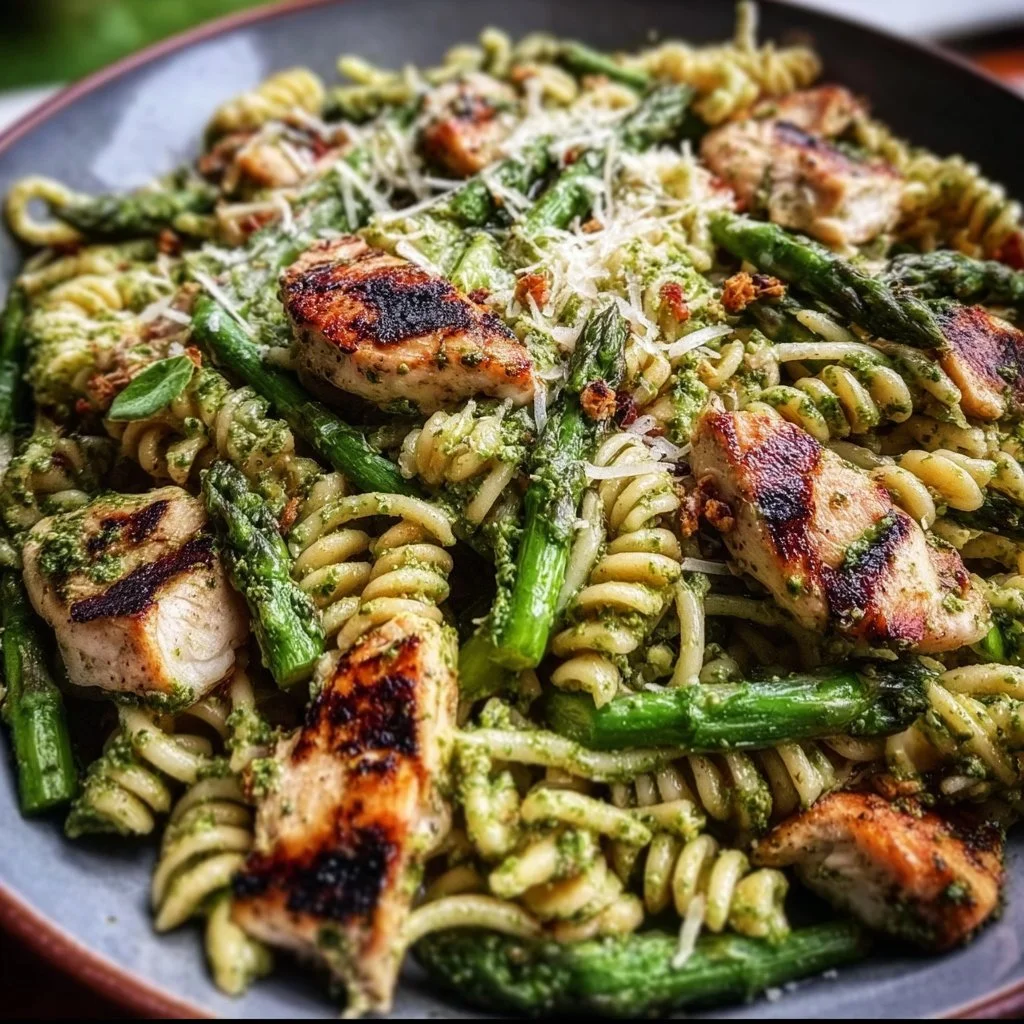 Delicious grilled chicken with asparagus and pesto pasta in a bowl