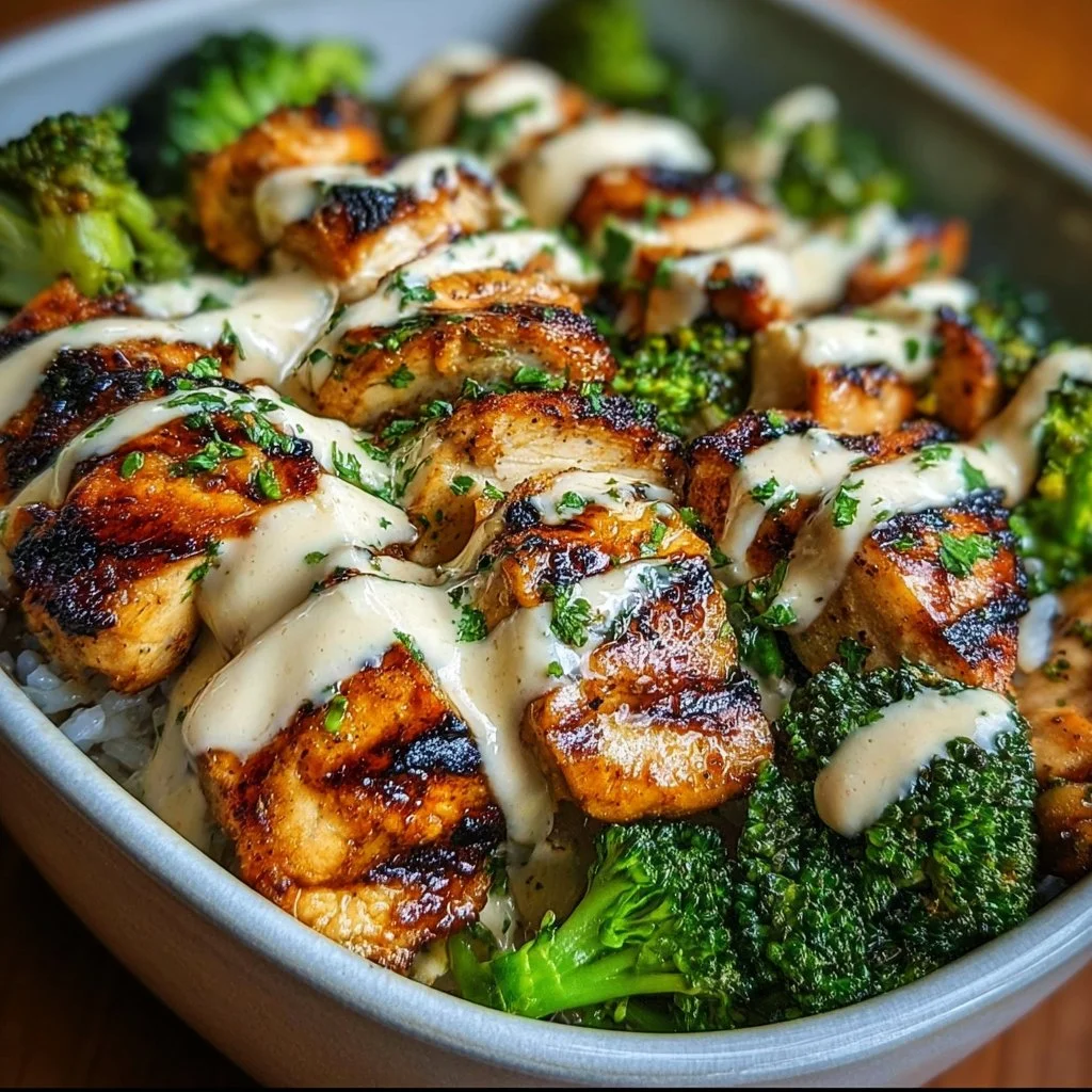 Grilled chicken and broccoli bowls with creamy garlic sauce served in a bowl