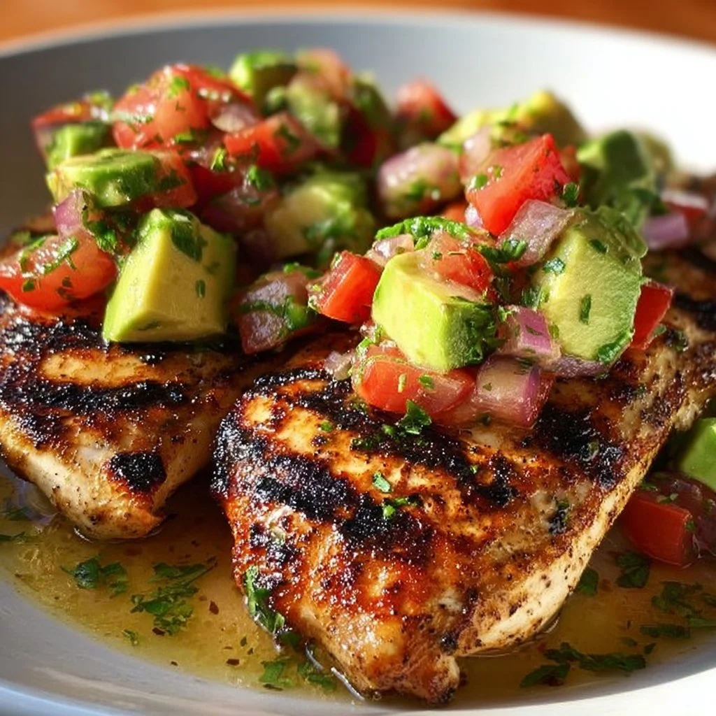 Plate of grilled chicken served with vibrant avocado salsa garnish