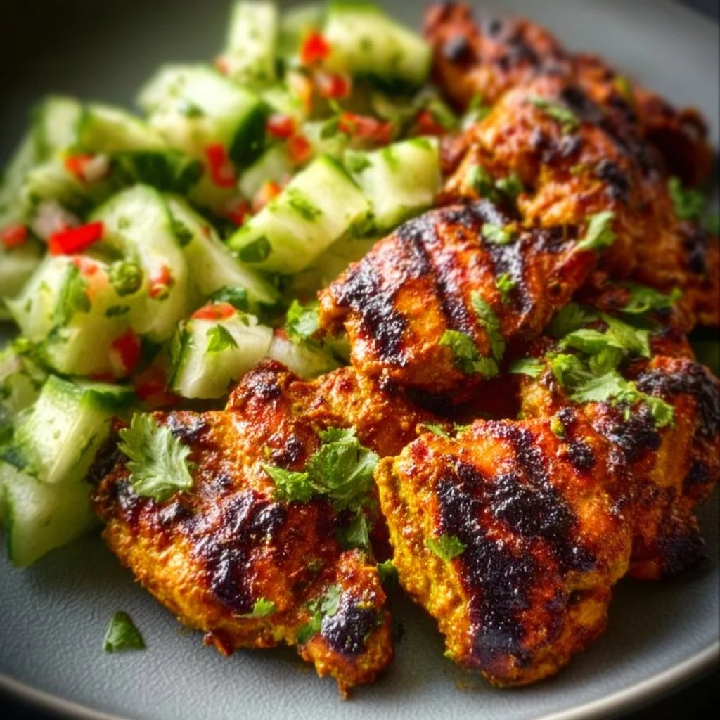 Grilled curry chicken served with a vibrant smashed cucumber salad