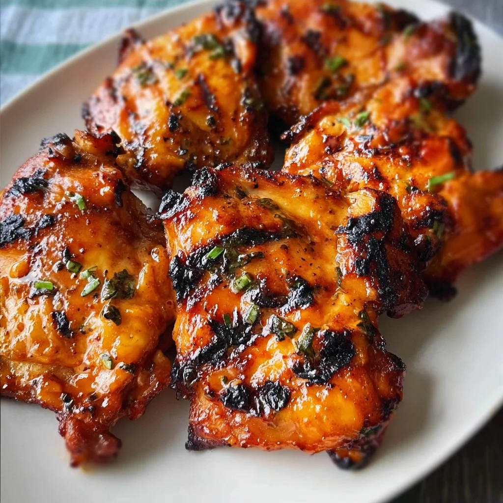 Grilled honey buffalo chicken thighs garnished with fresh herbs