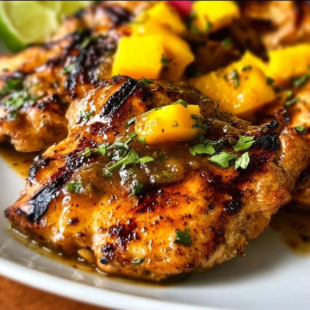 Delicious grilled mango chicken served with fresh herbs and sides.