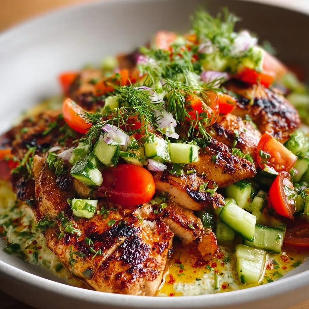 Grilled marinated chicken served with a vibrant tomato cucumber salad.