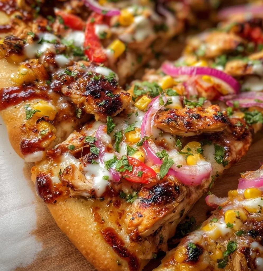 Grilled summer BBQ chicken pizza with colorful toppings and fresh herbs