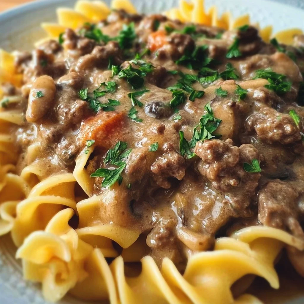 Plate of homemade Ground Beef Stroganoff served with egg noodles