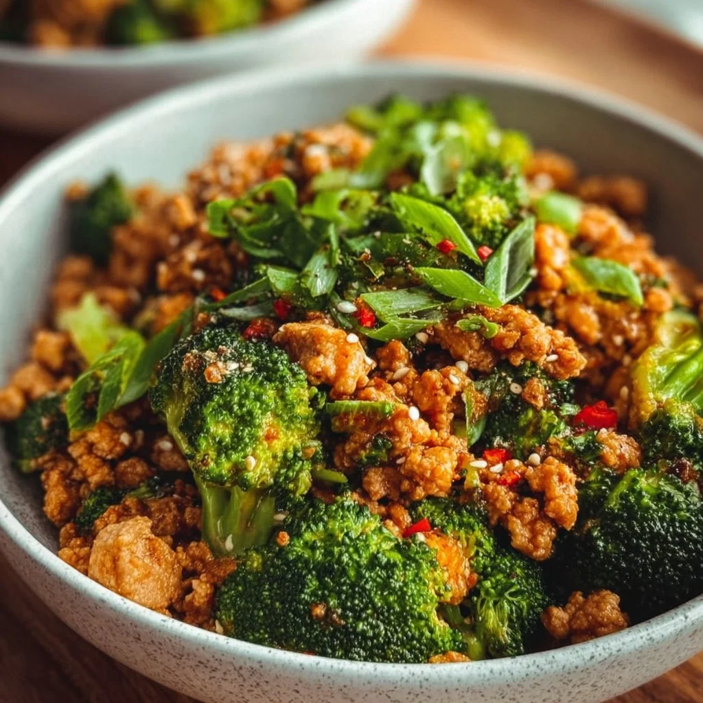 Healthy ground chicken and broccoli protein bowls served in a dish.