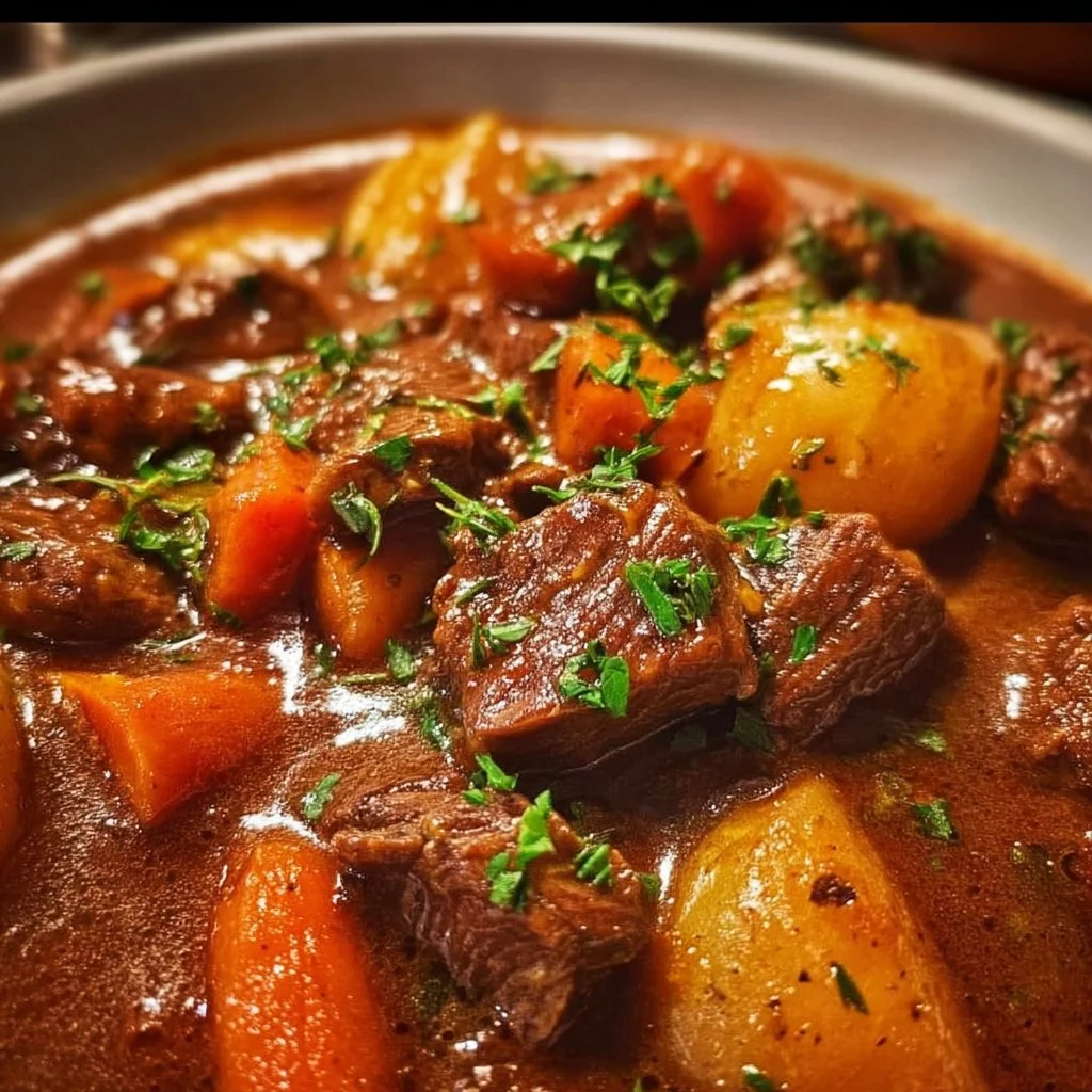 Delicious bowl of Guinness beef stew with tender beef and vegetables