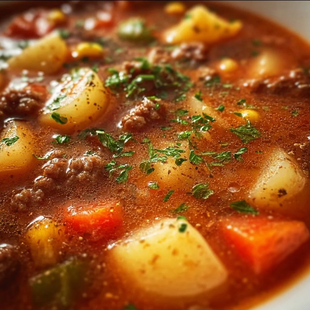 Delicious bowl of Hamburger Soup with beef and vegetables