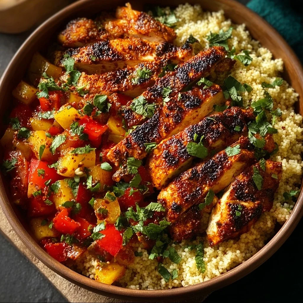 Delicious Harissa Chicken and Couscous Bowl garnished with fresh herbs