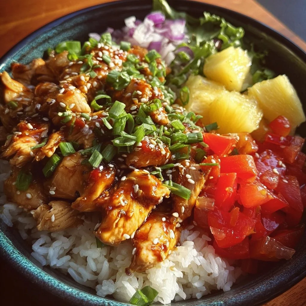 Delicious Hawaiian Chicken Bowl with colorful vegetables and pineapple.