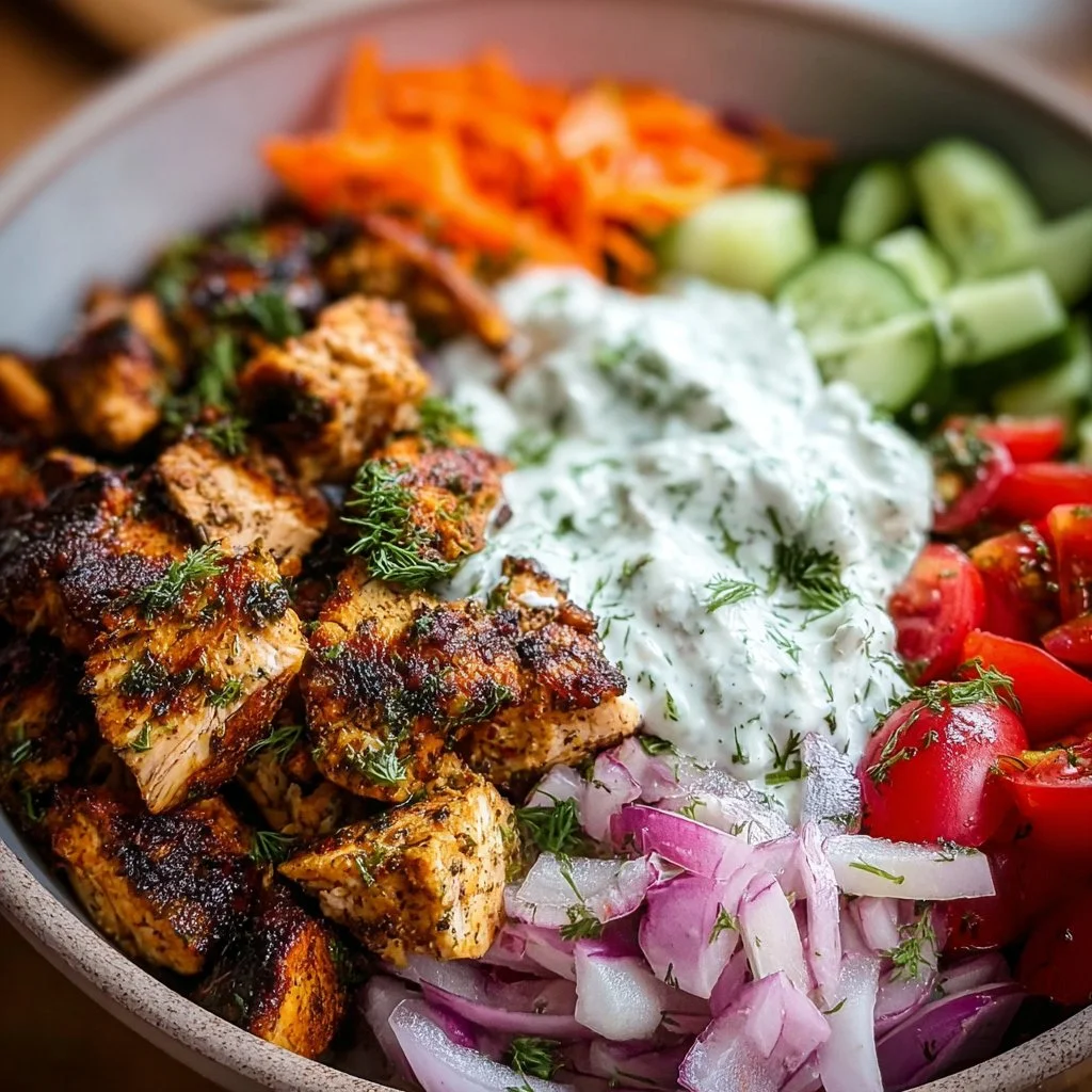 Healthy chicken gyro bowls with fresh vegetables and tzatziki sauce