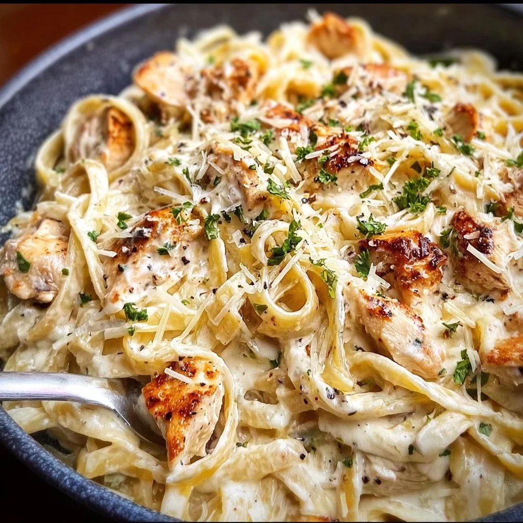 Healthy chicken alfredo pasta dish served with garnished herbs and vegetables.