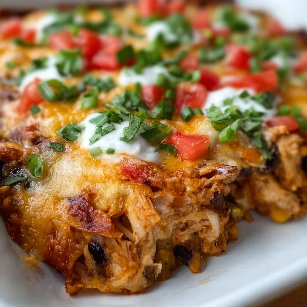 Healthy Chicken Burrito Casserole topped with herbs and cheese on a rustic table.
