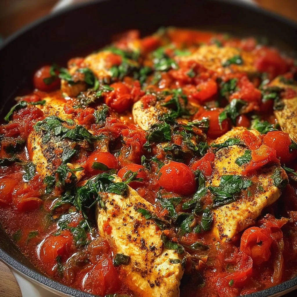 Healthy chicken pomodoro skillet dish with fresh ingredients