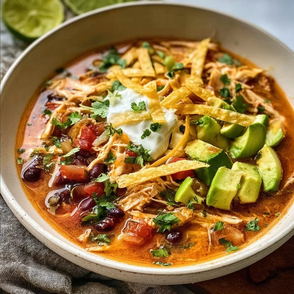 Bowl of healthy chicken tortilla soup garnished with cilantro and tortilla strips