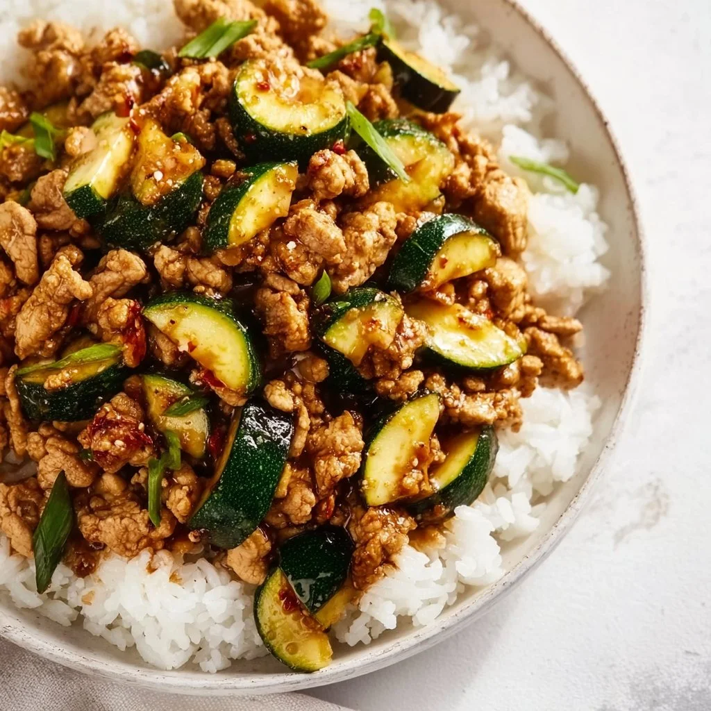 Healthy ground chicken and zucchini stir fry served in a bowl with vegetables
