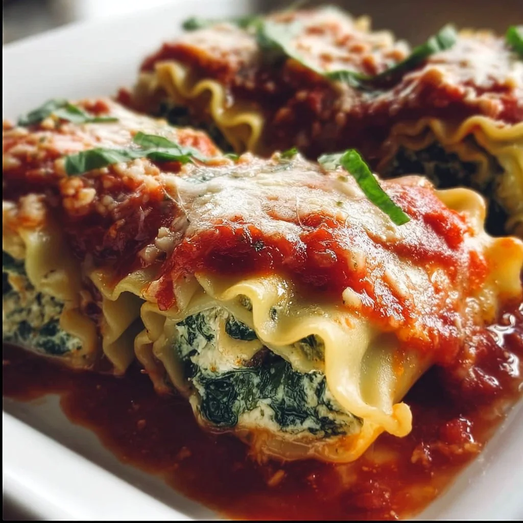 Healthy spinach lasagna roll-ups served on a plate with fresh herbs