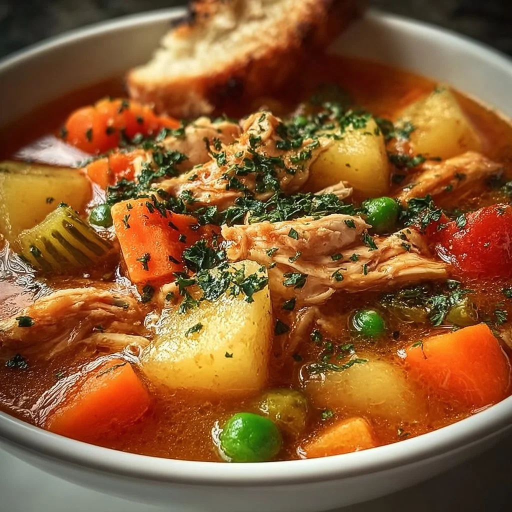 Hearty chicken and vegetable stew in a rustic bowl
