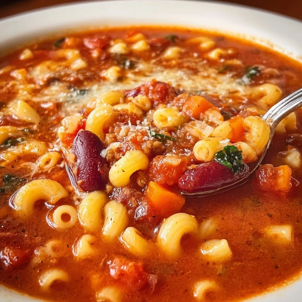 Hearty Pasta Fagioli soup with beans and vegetables in a bowl