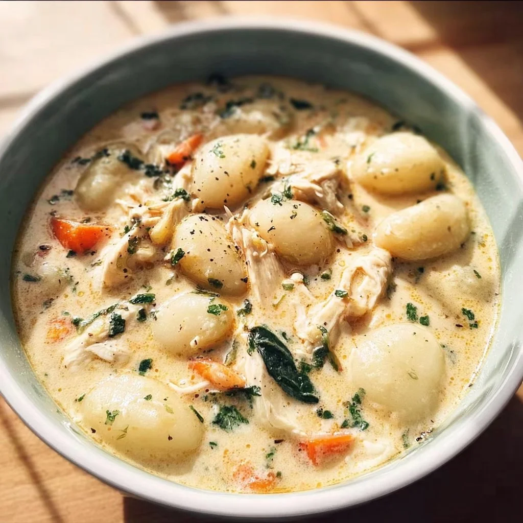 Bowl of homemade chicken gnocchi soup with vegetables and herbs.