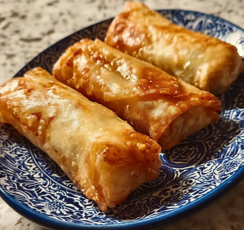 Homemade chicken spring rolls filled with vegetables and served with dipping sauce.