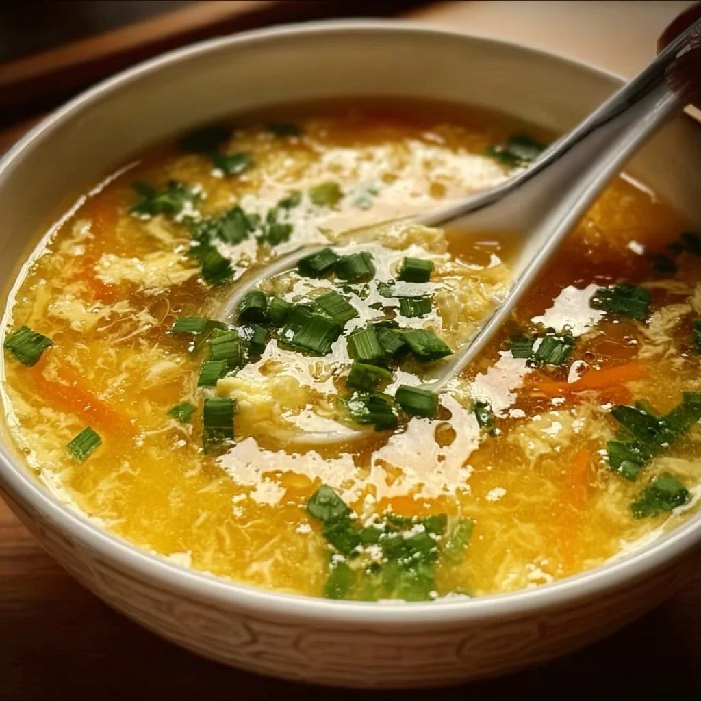 Bowl of homemade egg drop soup garnished with green onions