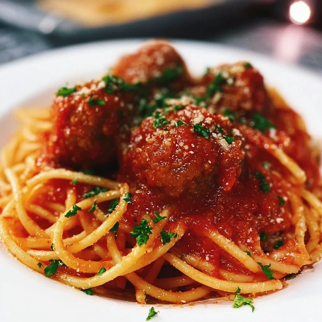 Plate of homemade spaghetti and meatballs with tomato sauce and herbs