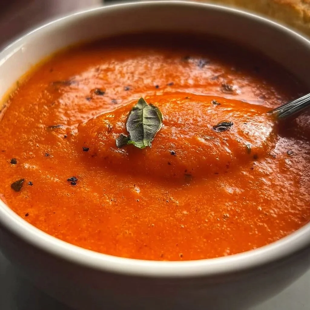 Bowl of homemade tomato basil soup garnished with fresh basil leaves