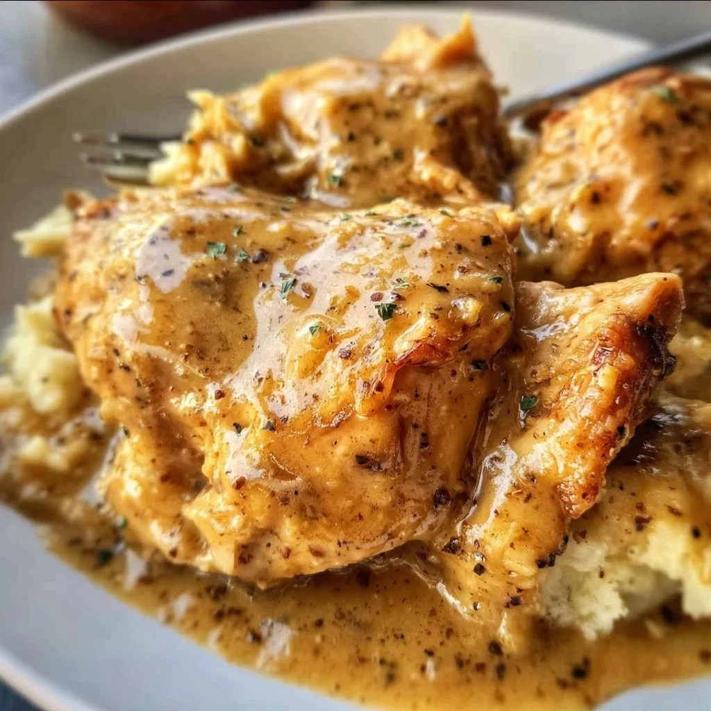 Homestyle chicken served with rich gravy on a plate