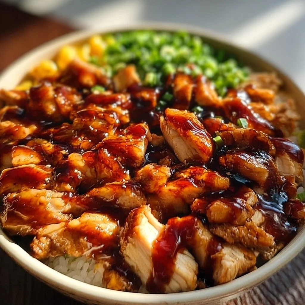 Honey BBQ Chicken Rice Bowl with tender chicken, rice, and honey BBQ sauce