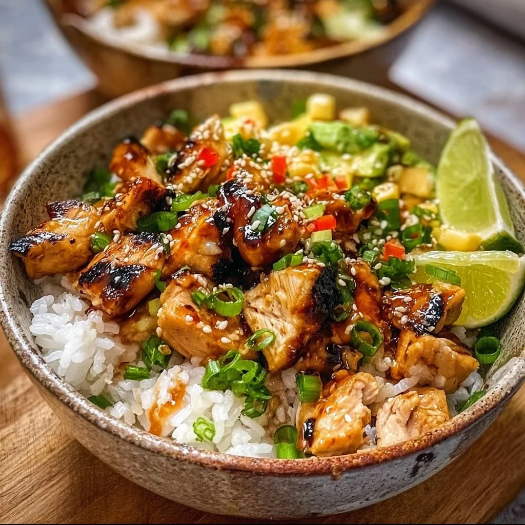 Honey Chipotle Chicken Rice Bowls garnished with fresh vegetables and spices