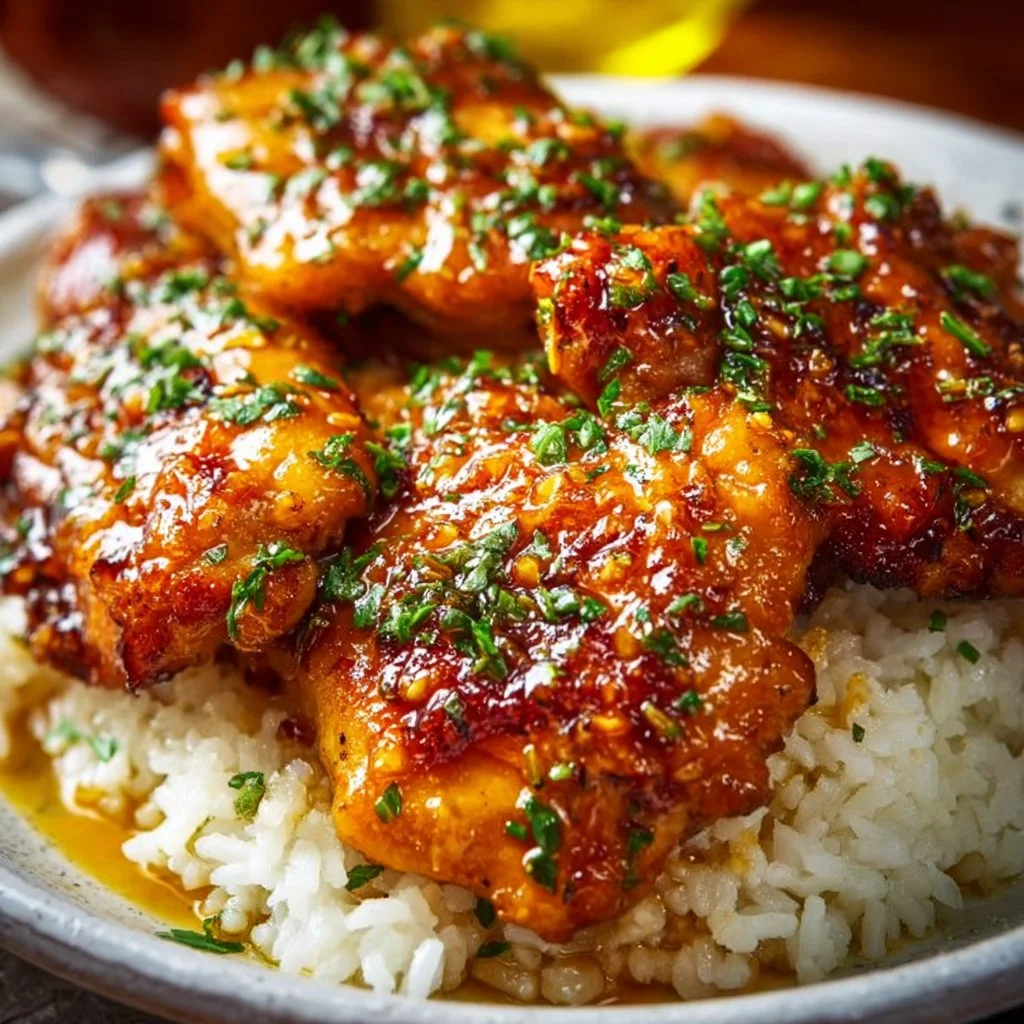 Delicious Honey Garlic Chicken Thighs served with vegetables on a plate.