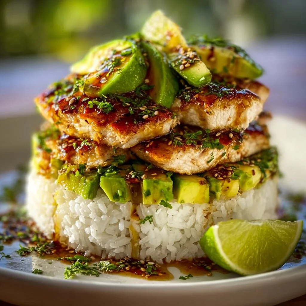 Honey Lime Chicken & Avocado Rice Stack served on a plate with fresh ingredients