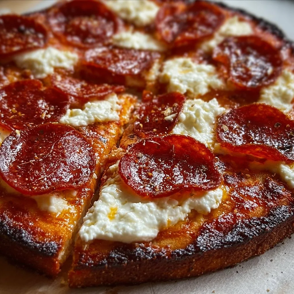 Homemade Honey Pizza topped with Pepperoni and Ricotta cheese