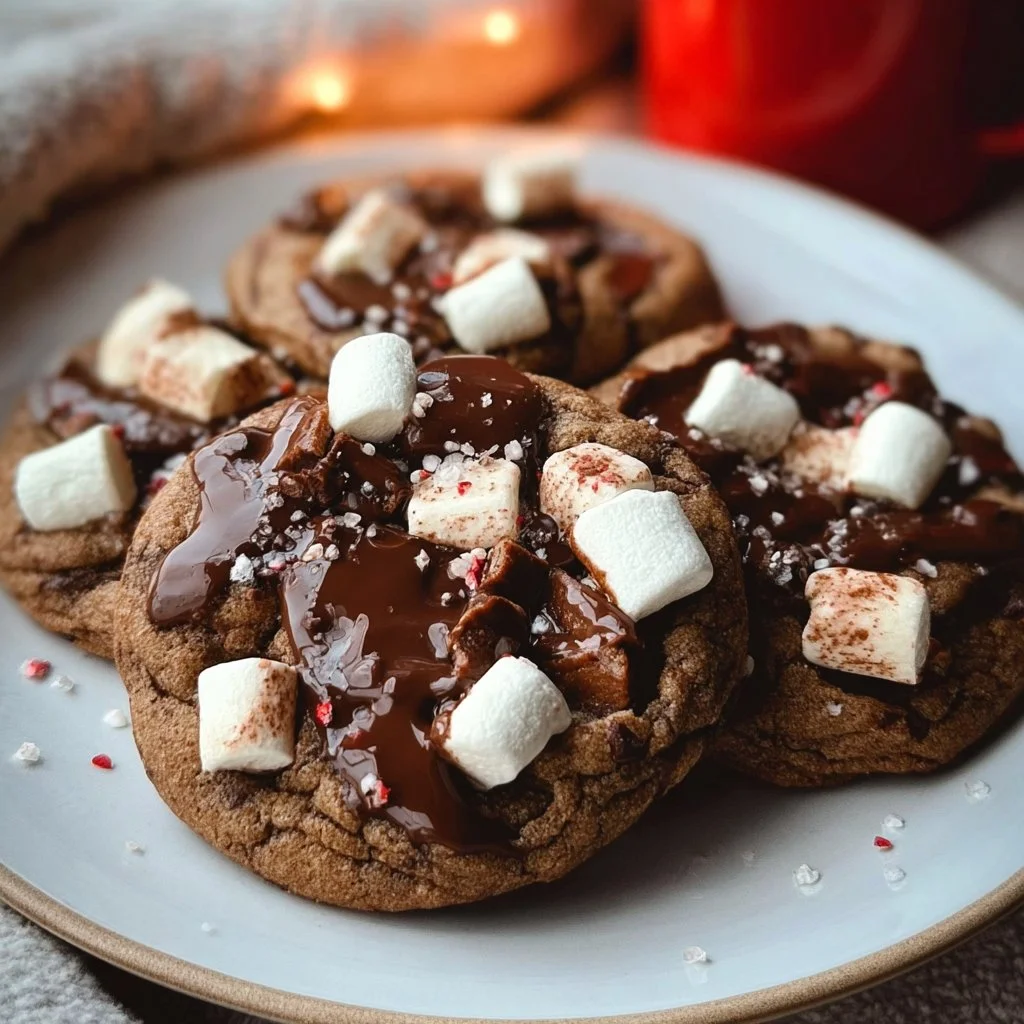 Deliciously baked hot cocoa cookies topped with marshmallows and chocolate
