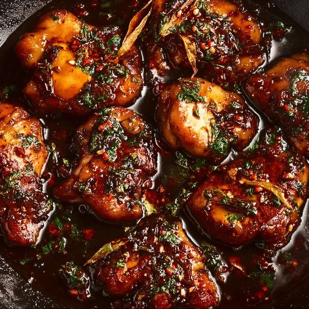 Delicious hot honey baked chicken breasts served with herbs and spices.
