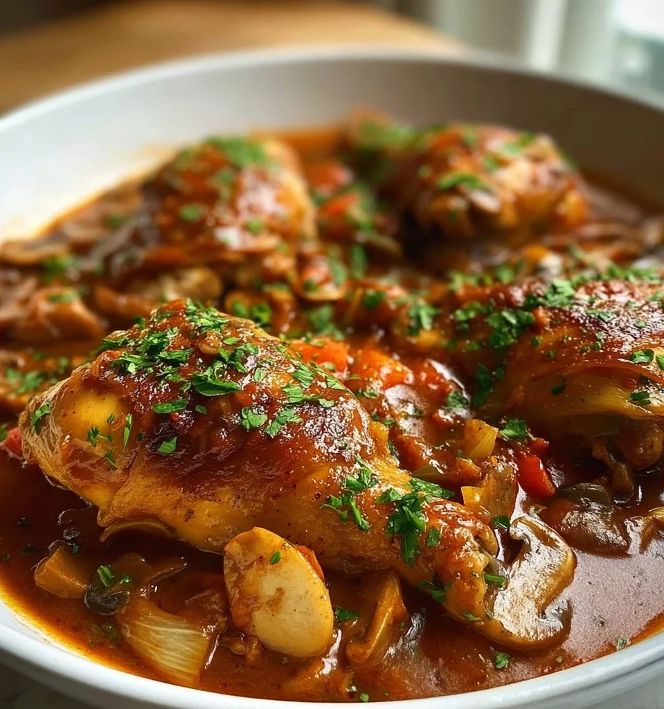 Plate of Hunter's Chicken with bacon, cheese, and garnished with herbs