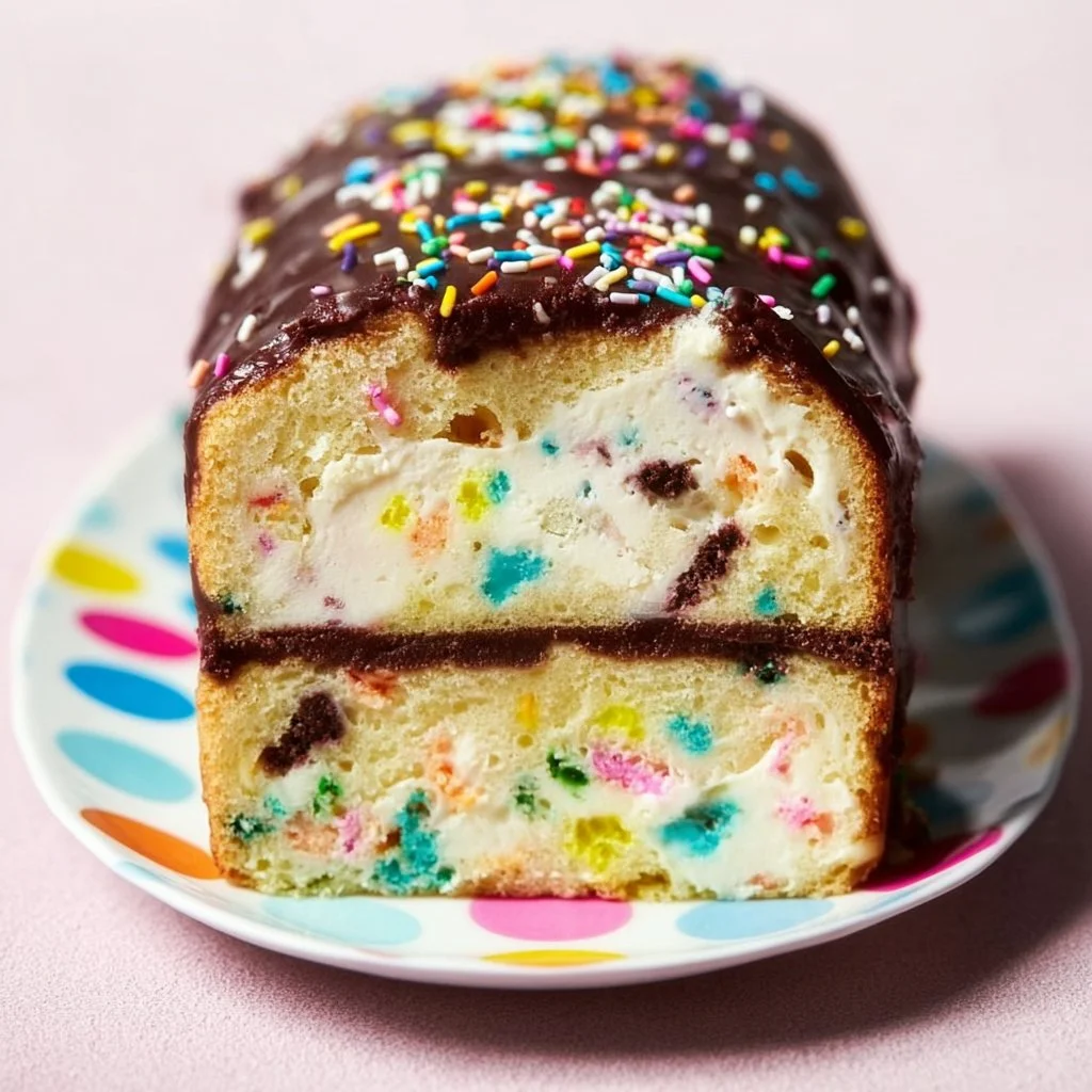 Delicious ice cream loaf cake served on a plate with a scoop of ice cream