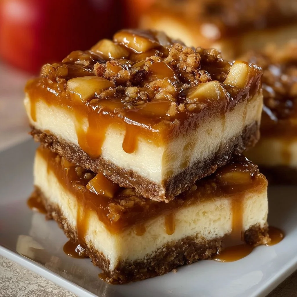 Delicious caramel apple cheesecake bars topped with caramel and apple slices
