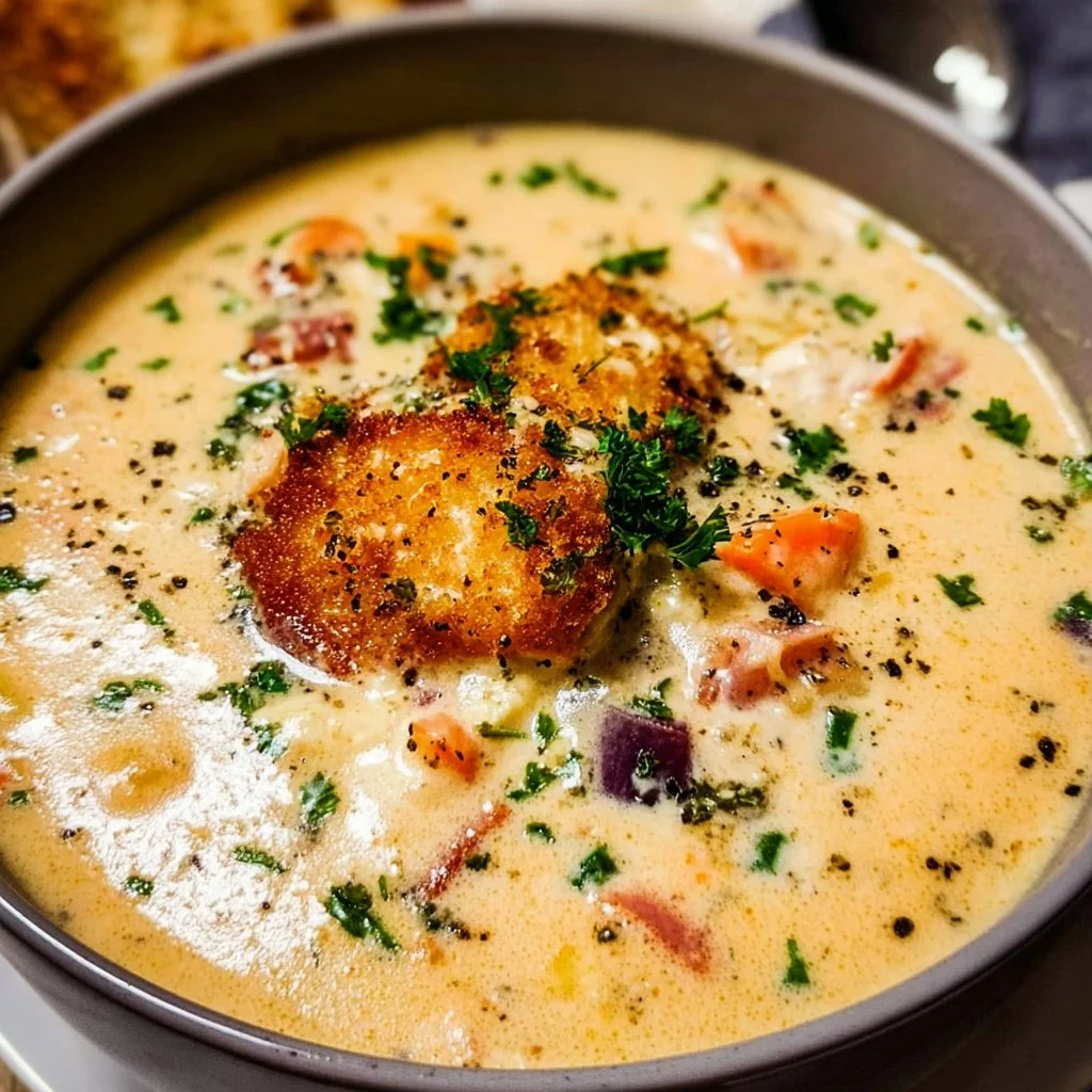 Bowl of indulgent Chicken Cordon Bleu Soup garnished with herbs