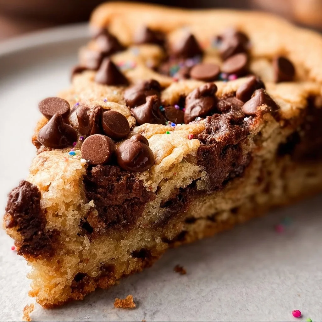 Deliciously indulgent chocolate chip cookie cake topped with chocolate chips