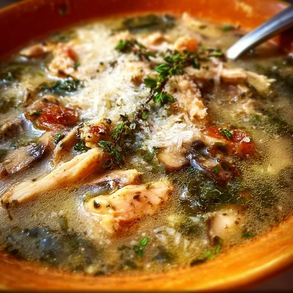 Delicious Instant Pot Chicken Mushroom Florentine Soup served in a bowl