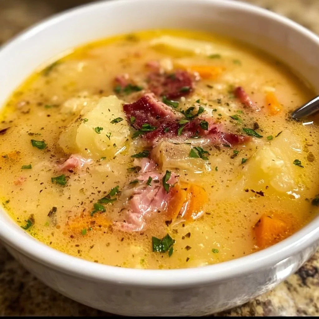 Bowl of Instant Pot Ham and Potato Soup garnished with parsley.