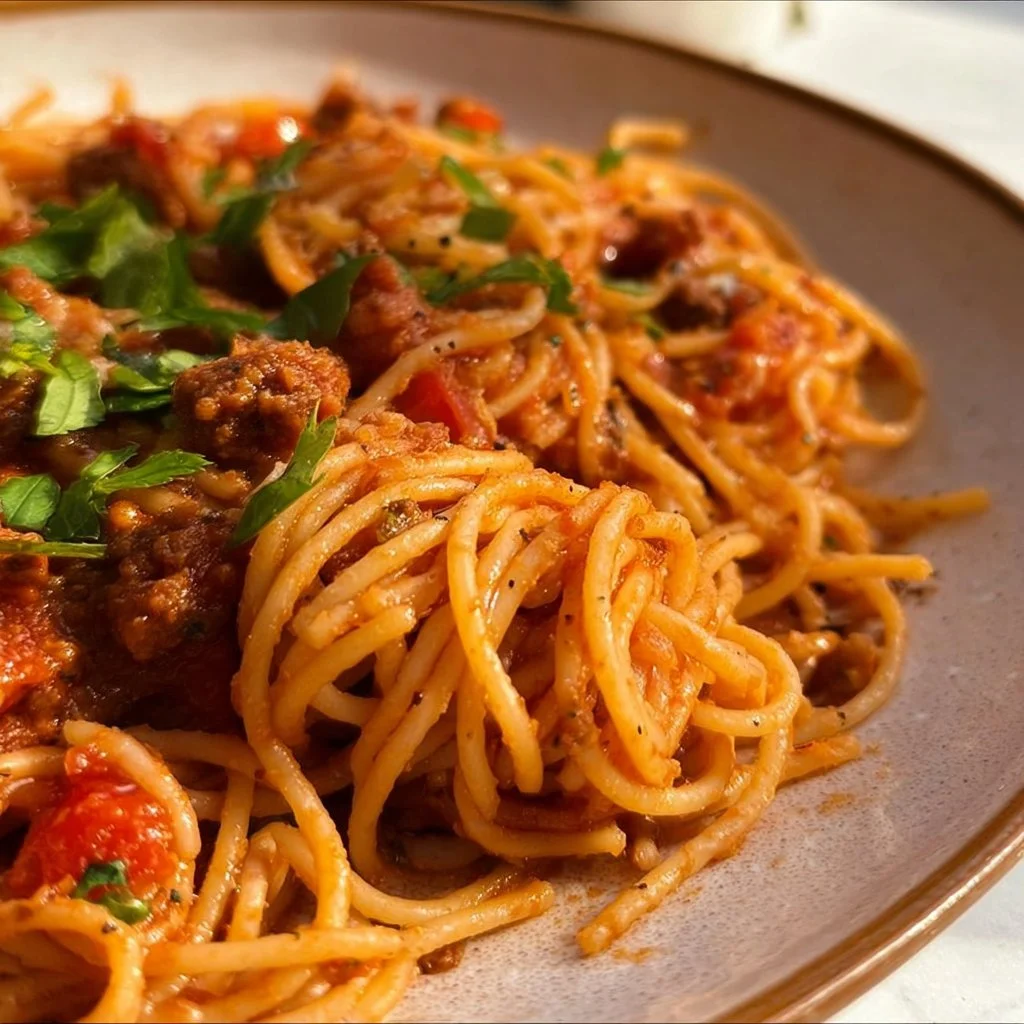 Delicious Instant Pot spaghetti served with fresh basil and grated cheese.