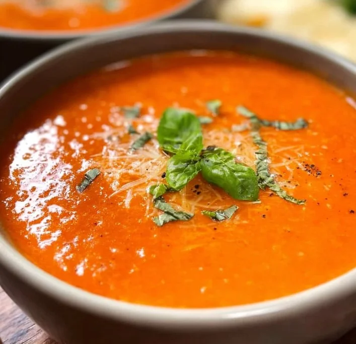 Creamy Instant Pot tomato soup served in a bowl with fresh basil.