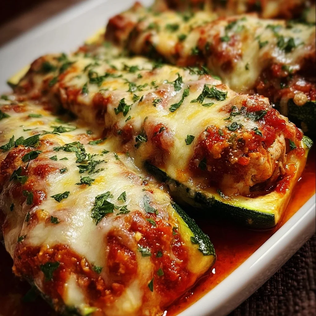 Delicious Chicken Parmesan Zucchini Boats topped with cheese and marinara sauce